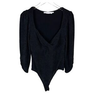 ASTR THE LABEL BLACK TEXTURED TWISTED SWEETHEART NECKLINE THONG BODYSUIT